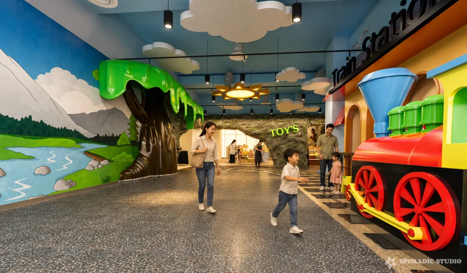 3D interior visualization of The Curve Kid Zone featuring a colorful themed retail and children’s entertainment space.