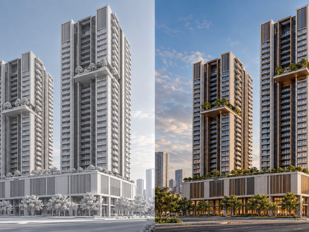 architectural rendering reference image Architectural rendering from reference image showing the same twin-tower design as a clay model and photorealistic final view