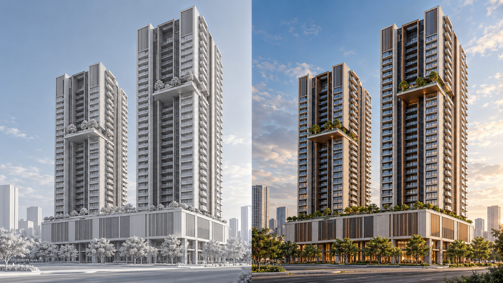 architectural rendering reference image Architectural rendering from reference image showing the same twin-tower design as a clay model and photorealistic final view