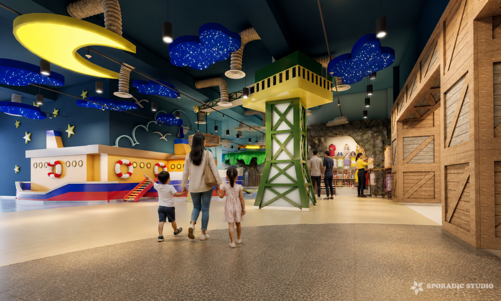 The Curve Kid Zone – Commercial Interior Visualization by Sporadic Studio 3D interior visualization of The Curve Kid Zone featuring a colorful train, themed retail area, landscape wall graphics and children’s entertainment space.