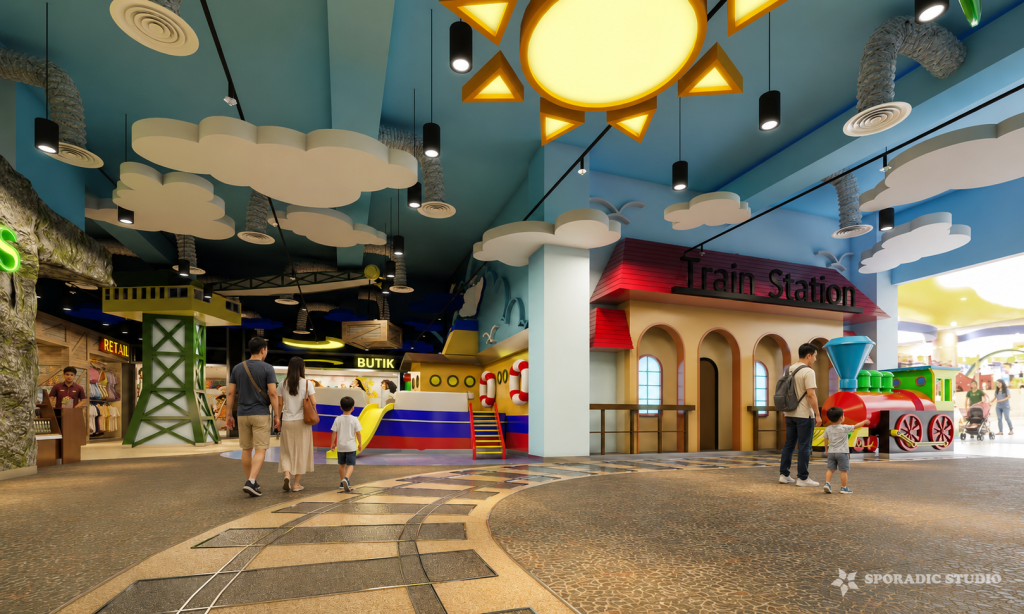 The Curve Kid Zone – Commercial Interior Visualization by Sporadic Studio 3D interior visualization of The Curve Kid Zone featuring a colorful train, themed retail area, landscape wall graphics and children’s entertainment space.