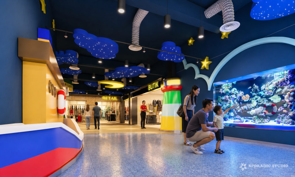 The Curve Kid Zone – Commercial Interior Visualization by Sporadic Studio 3D interior visualization of The Curve Kid Zone featuring a colorful train, themed retail area, landscape wall graphics and children’s entertainment space.