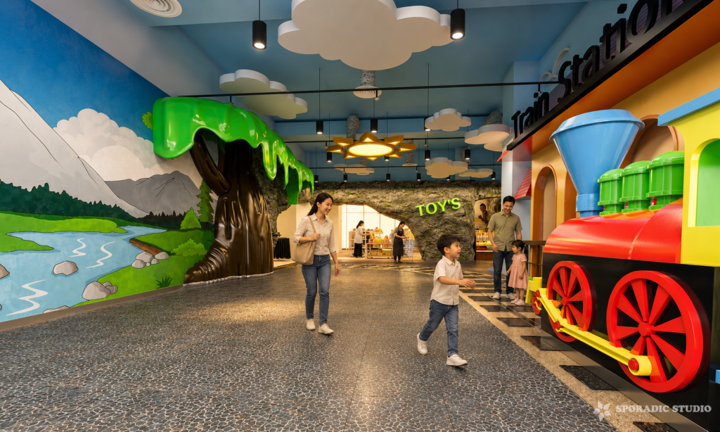 The Curve Kid Zone – Commercial Interior Visualization by Sporadic Studio 3D interior visualization of The Curve Kid Zone featuring a colorful train, themed retail area, landscape wall graphics and children’s entertainment space.